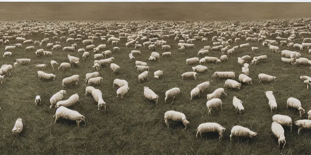 Image similar to a disembodied ear floats above a field of sheep in england, hipgnosis artwork