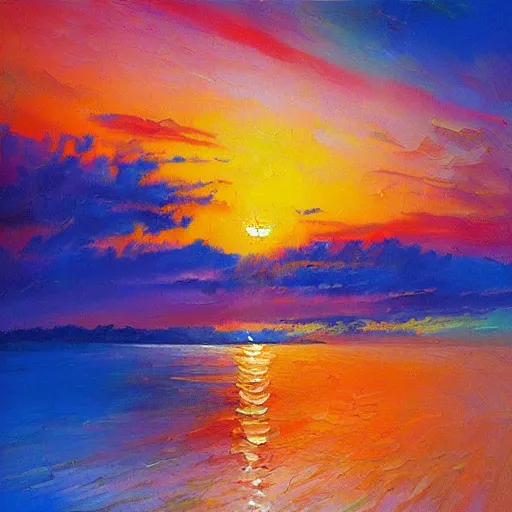 Prompt: an impasto oil painting of a stunning, colorful sunset painted by ken hong leung