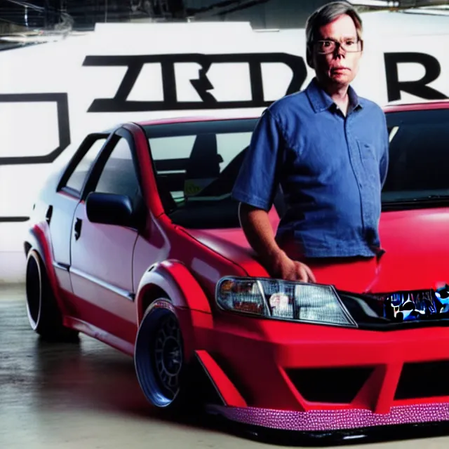 Image similar to a photo of bob lazar standing by honda civic drift spec car, cinematic lighting, detailed symmetrical face, photorealistic, highly detailed