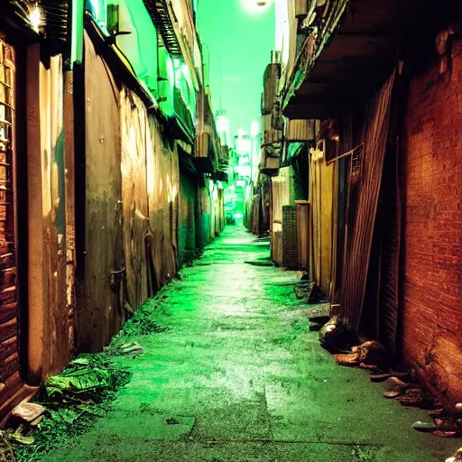 Image similar to an alleyway in a slum with green lighting in the style of arcane