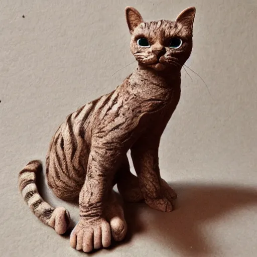 Prompt: medium - shot realistic clay cat, full body, walking, rough, handmade, fingerprints on clay, masterpiece, artistic, museum, highly detailed, hq, by adam beane, by carl brenders
