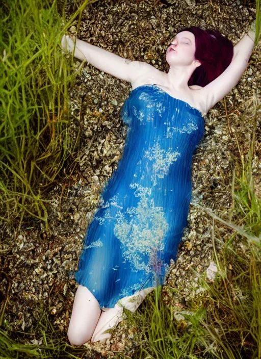 Prompt: lady laying under the river bed amongst the weeds, underwater shot, submerged, medium shot, on the bed of the river preraphaelite colour photography, 8 k