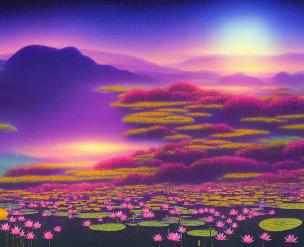 Image similar to a landscape pastel in the style of noriyoshi ohrai of a field of lotus flowers, glowing with iridescent mana, night time early dawn. key art. 4 k retrofuturistic fantasy