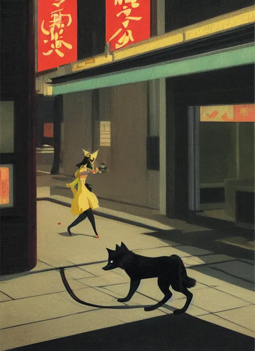 Prompt: woman with cat ears riding a black wolf on the night street of Tokyo by Edward Hopper and James Gilleard, highly detailed