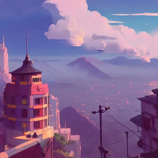 Image similar to a mountain city with lot's of clouds, detailed, cory loftis, james gilleard, atey ghailan, makoto shinkai, goro fujita, studio ghibli, rim light, exquisite lighting, clear focus, very coherent, plain background