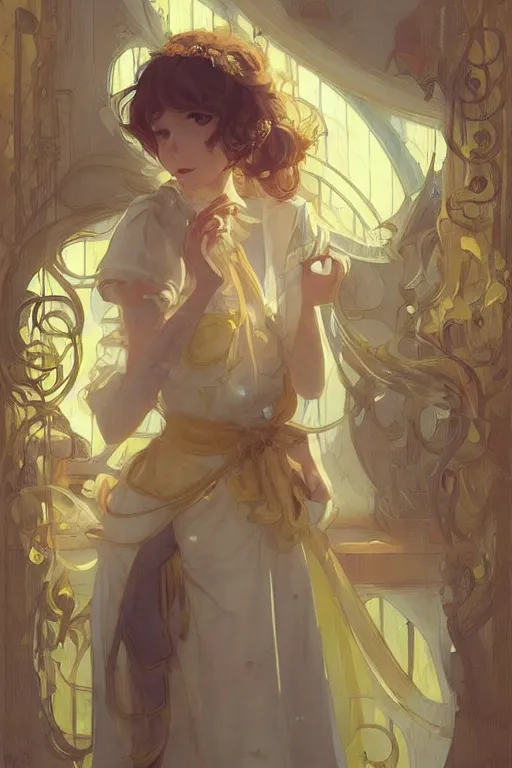 Prompt: A girl in a maid's outfit in a cafe a afternoon, wavy hair yellow theme,S line,45 angel by krenz cushart and mucha and greg rutkowski