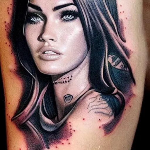 Image similar to tattoo design sketch of megan fox mash up effect with beautiful mountain scenery, in the style of matteo pasqualin, amazing detail