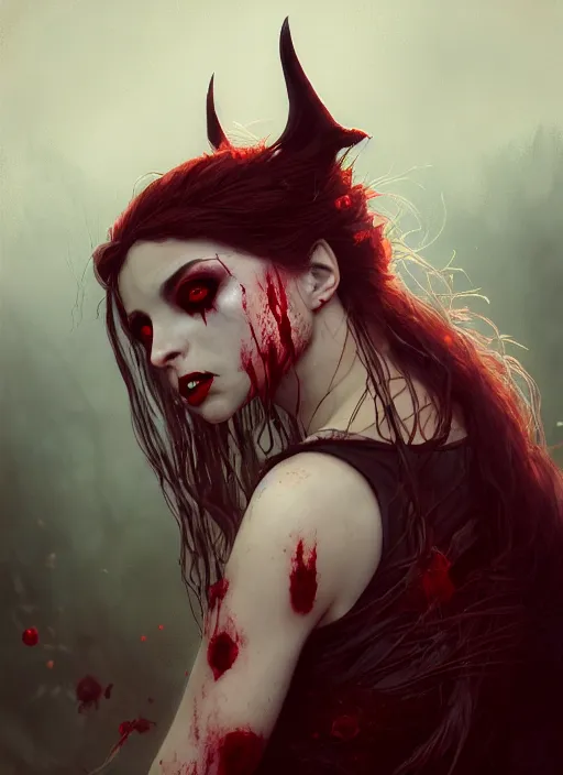 Image similar to beautiful, very very very extreme closeup portrait, bloody, vampire girl, extreme blood, vampire fangs, medieval dress. witch, makeup. unreal engine, greg rutkowski, loish, rhads, beeple, tom bagshaw, alphonse mucha, global illumination, detailed and intricate environment
