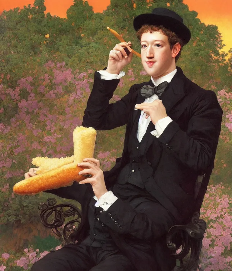 Prompt: Beautiful!! portrait of Mark Zuckerberg as an Edwardian dandy eating a corndog wearing a Velvet suit and a Top Hat sitting on a park Bench at sunset painted by Alphonse Mucha and arnold böcklin and Maxfield Parrish, hyperrealistic oil painting trending on artstation 8k