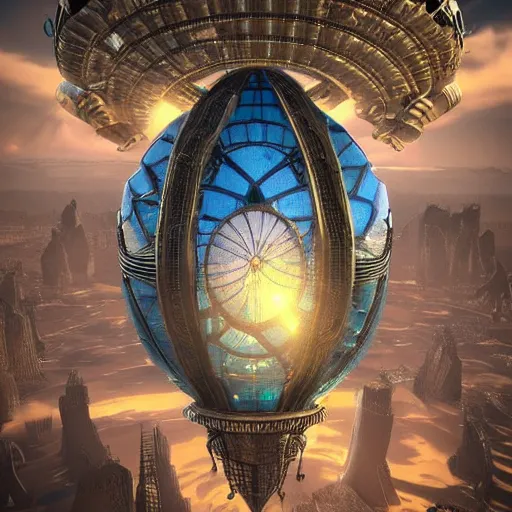 Image similar to enormous flying city in a faberge egg, sky, steampunk, fantasy art, unreal engine