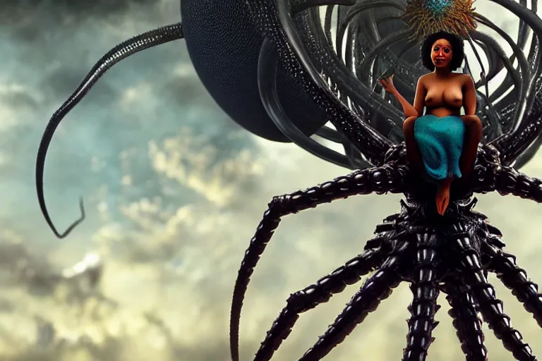 Image similar to realistic detailed closeup portrait movie shot of a beautiful black woman riding a giant spider, dystopian city landscape background by denis villeneuve, amano, yves tanguy, alphonse mucha, max ernst, ernst haeckel, caravaggio, roger dean, cyber necklace, rich moody colours, sci fi patterns, wide angle