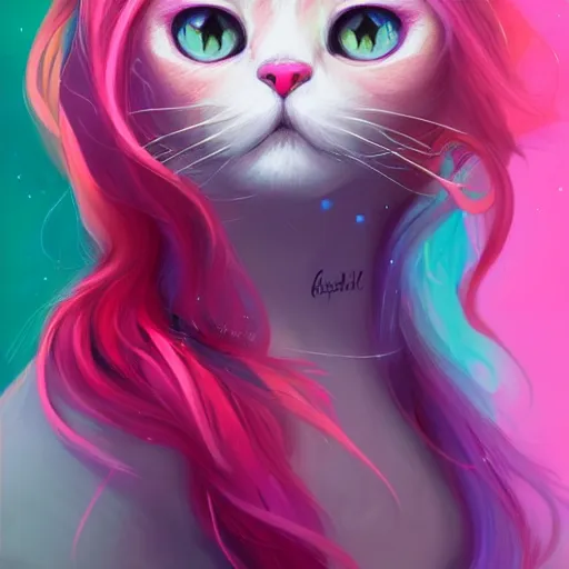 Image similar to colorful and festive cat with pink hair,. rich vivid colors, ambient lighting, dynamic lighting, 4 k, atmospheric lighting, painted, intricate, highly detailed by charlie bowater