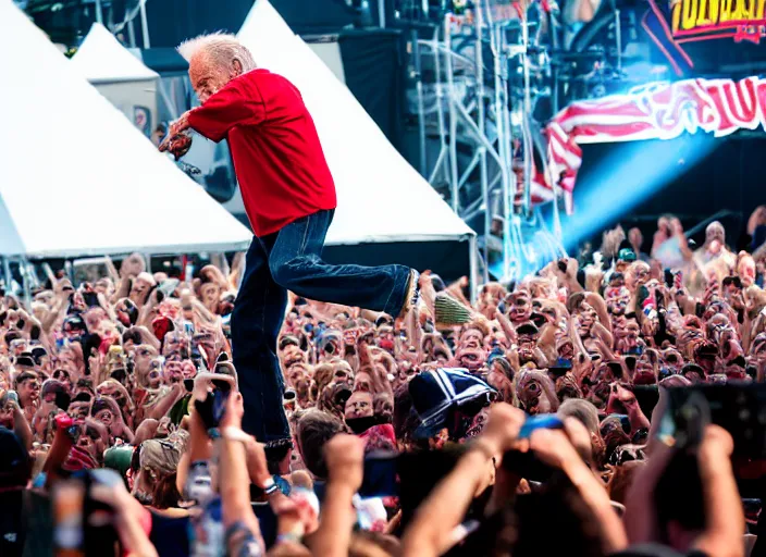 Image similar to photo still of clint eastwood on stage at vans warped tour!!!!!!!! at age 6 8 years old 6 8 years of age!!!!!!!! stage diving into the crowd, 8 k, 8 5 mm f 1. 8, studio lighting, rim light, right side key light