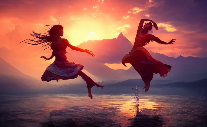 Image similar to Himalayan mage dancing on water, beautiful flowing fabric, sunset, dramatic angle, dynamic pose, 8k hdr pixiv dslr photo by Makoto Shinkai ilya kuvshinov and Wojtek Fus