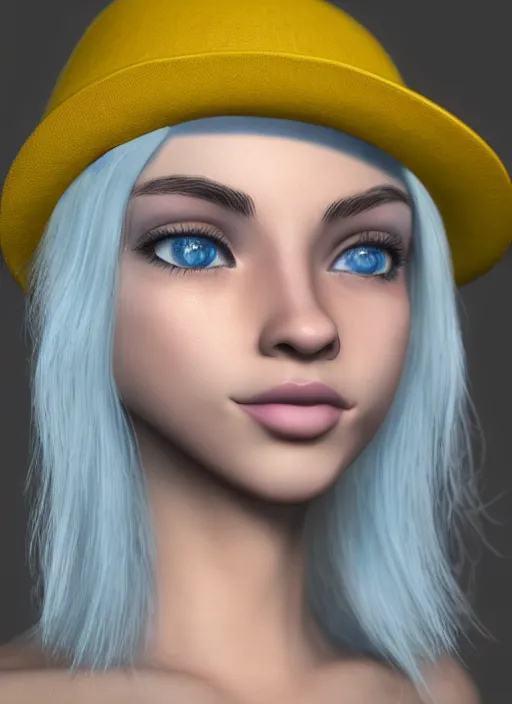 Image similar to young lady, very short yellow hair, nose ring, blue hat, beig brown eyes, nose ring, volumetric lighting, detailed