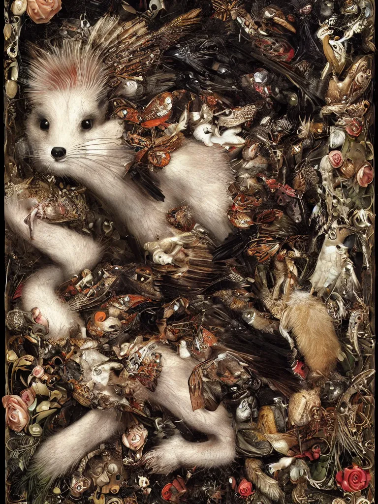 Image similar to Detailed maximalist portrait with cracked porcelain skin, dark doe eyes, a small rosebuf mouth, feather and milk, beetles and cicadas, fox fur and weasels, humminbirds and crows, HD mixed media, 3D collage, highly detailed and intricate, surreal illustration in the style of Caravaggio, dark art, baroque