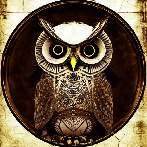 Image similar to a Warrior owl art nuveau, steampunk, symmetry, full frame, cinematic light , unreal engine,