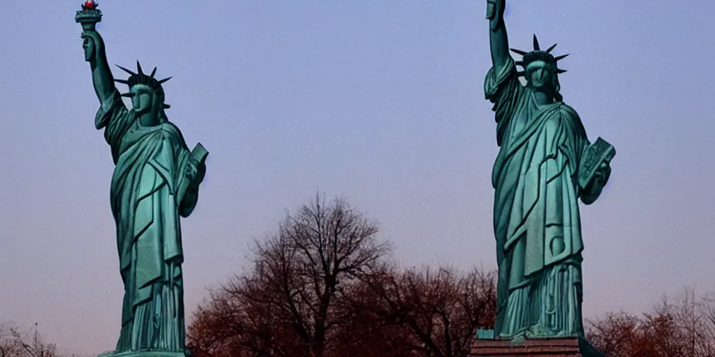 Image similar to new york city soviet version, statue of liberty with hammer and sickle