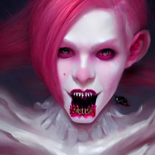 Prompt: a portrait of a pink haired rouge demoness peering into the camera showing fangs by Astri Lohne and Christophe Young, Trending on Artstation, ultra realistic digital art