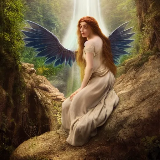 Image similar to a cinematic portrait of a romantic pre - raphaelite fairy angel with wings, sitting in a mystical waterfall cave, golden sunrays, matte painting, highly detailed, 8 k