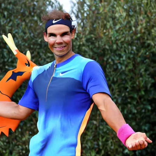 Prompt: rafael nadal posing wearing a charizard costume