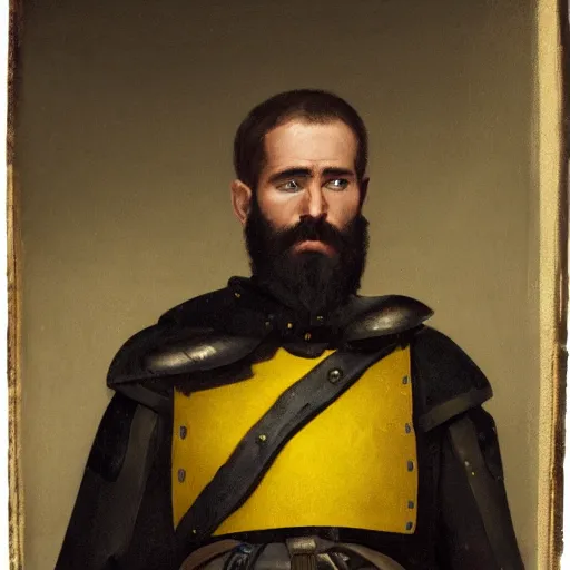 Image similar to Medium closeup shot frustrated and acerbic male bearded Imperial soldier wearing a {black and yellow tabard} over a steel breastplate and a black gambeson leaning over a table, by Raymond Swanland Greg Rutkowski Lise Deharm, {perfect face}, {perfect eyes}, {perfect body}, {hands planted on war table while standing},