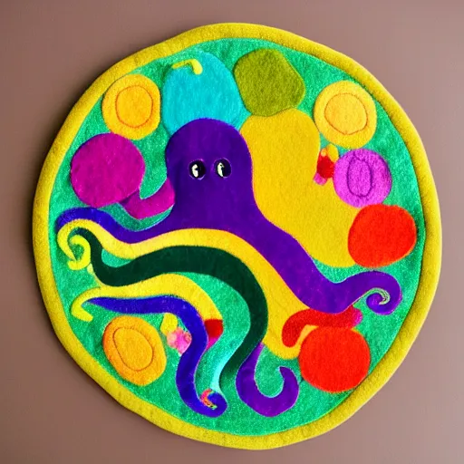 Image similar to a cute octopus in a colorful ornate felt mandala with fine details