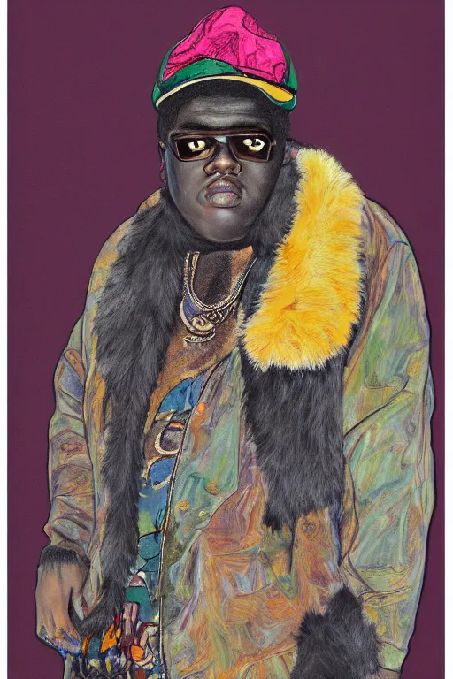 Prompt: a portrait of biggie smalls wearing boho - chic style clothes, with a fur muffler, full body!!, realistic painting in egon schiele style, masterpiece, hyperdetailed, complex, intricate, 4 k, trending on artstation