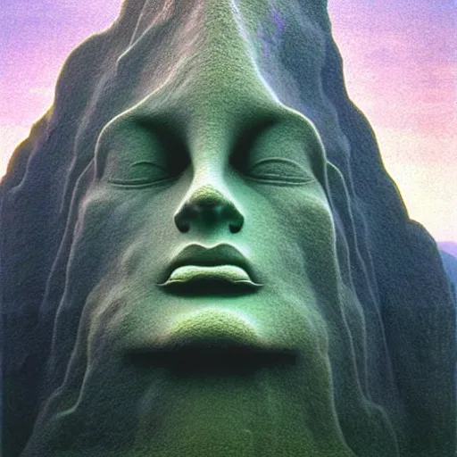 Prompt: A mountain look like a women, a monumental sculpture of a bust, by Artgem and Zdzislaw Beksinski
