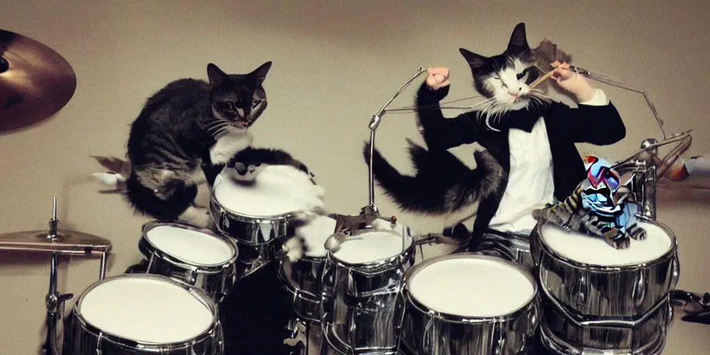 Prompt: a photo of a cat playing drums ironically and funny, meme ba da cha, joke punchline