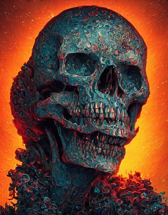 Image similar to portrait of a melting skull. intricate abstract. intricate artwork. by Tooth Wu, wlop, beeple, dan mumford. octane render, trending on artstation, greg rutkowski very coherent symmetrical artwork. cinematic, hyper realism, high detail, octane render, 8k, depth of field, bokeh. psychedelic accents