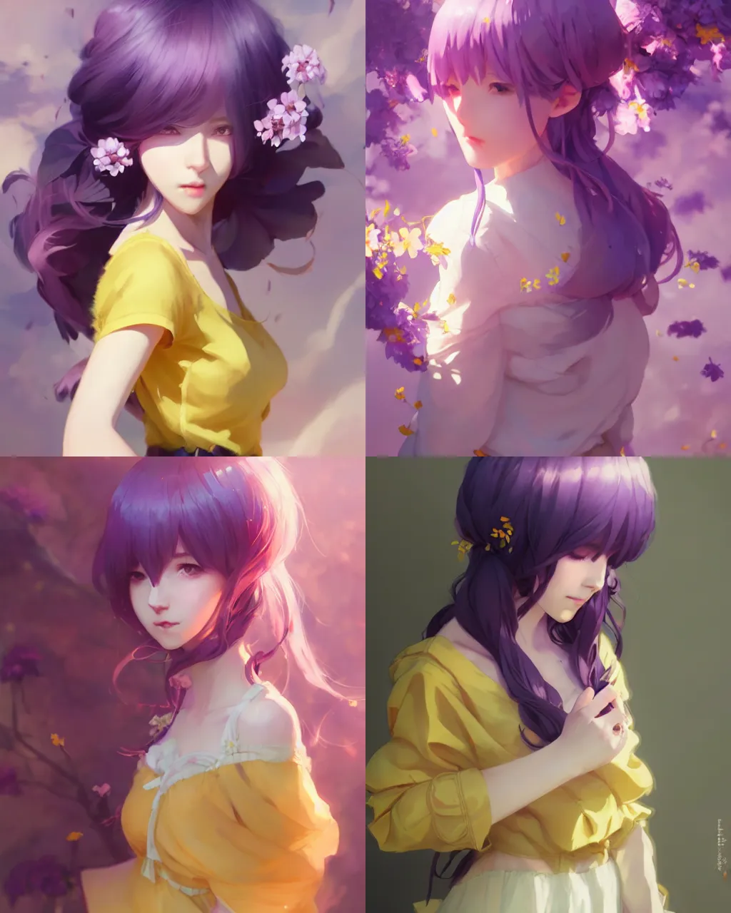 Prompt: girl with purple hair and yellow skirt, flower decoration on the background, a beautiful half body illustration, top lighting, perfect shadow, soft painting, art by hidari and krenz cushart and wenjun lin