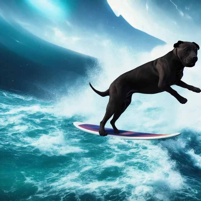 Image similar to photo of a dark coat pit bull with a white paws, surfing on a surfboard in a crashing wave of alien ocean in space, background is an alien galaxy, matte, aliens in the background, alien colors, octane render, unreal engine, wide view, 8 k, high detaild