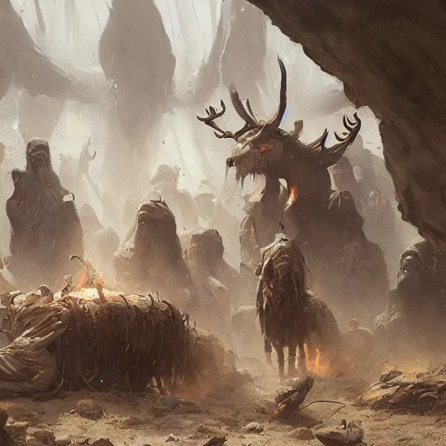 Image similar to a painting of a stone age funeral by greg rutkowski, dark fantasy art, high detail, trending on artstation