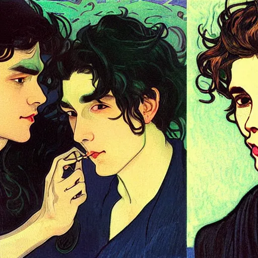 Image similar to painting of young cute handsome beautiful dark medium wavy hair man in his 2 0 s named shadow taehyung and cute handsome beautiful min - jun together at the halloween! party, bubbling cauldron!, candles!, smoke, autumn! colors, elegant, wearing suits!, delicate facial features, art by alphonse mucha, vincent van gogh, egon schiele