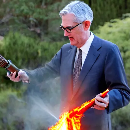 Image similar to photo of Jerome Powell using a flamethrower projecting a long flame