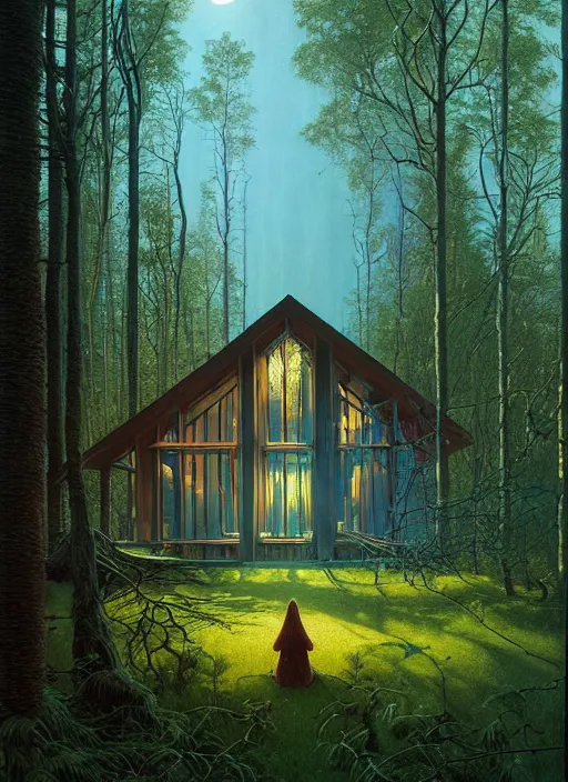 Image similar to hyper realistic witchy modern house with mood lighting and technology in the woods gorgeous lighting, blue sky, highly detailed, lush forest foliage painting by zdzisław beksinski and norman rockwell and greg rutkowski weta studio, and lucasfilm