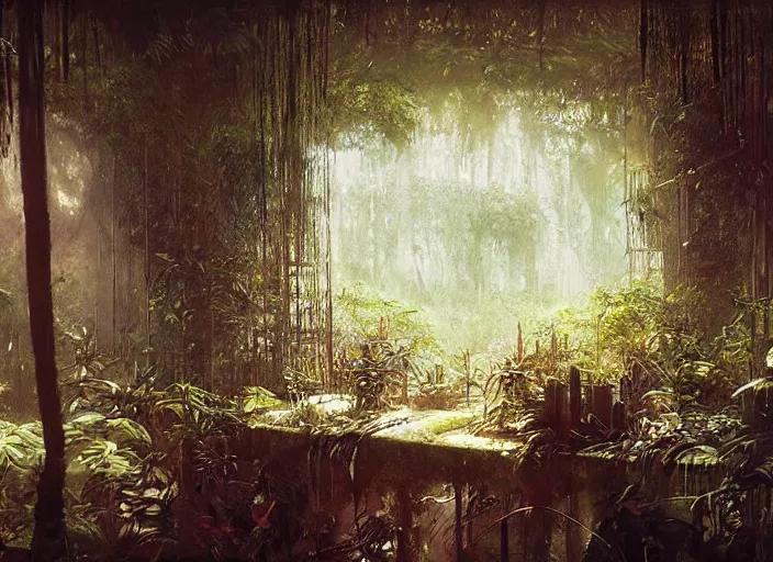 Image similar to interior shot of a lush jungle, an overgrown City can be seen far in the distance, masterpiece, painterly, art by artem demura, emotion, fantasy art,