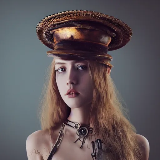 Image similar to a body portrait of a beautiful steampunk woman by zhang jingna, long hair, aged 2 5, swedish, wearing a travel hat, photo realistic, real life, photograph, 3 5 mm, octane render, trending on artstation