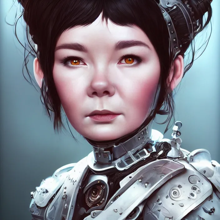 Image similar to hyper - realistic bjork leather cyborg - by tom bagshaw, by ilya kuvshinov, rtx rendering, octane render 1 2 8 k, maya, extreme high intricate details by wlop, digital anime art by ross tran, medium shot, close up shot, composition by sana takeda, dramatic lighting by greg rutkowski, 8 k, trending on artstation