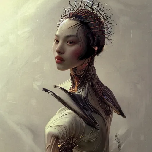 Image similar to Kiko Mizuhara, physically accurate, dynamic lighting, intricate, elegant, highly detailed, digital painting, artstation, HR GIGER, Hieronymus Bosch, Francis Bacon, concept art, smooth, sharp focus, illustration, art by artgerm and greg rutkowski and alphonse mucha