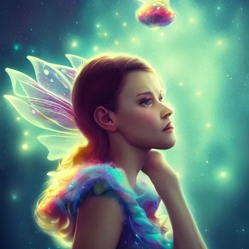 Image similar to magical fairy floating in space, epic cartoon portrait made out of rain, beautiful face, stunning concept art, highly detailed, galaxy background, rendered in octane, unreal engine, trending on artstation, realistic