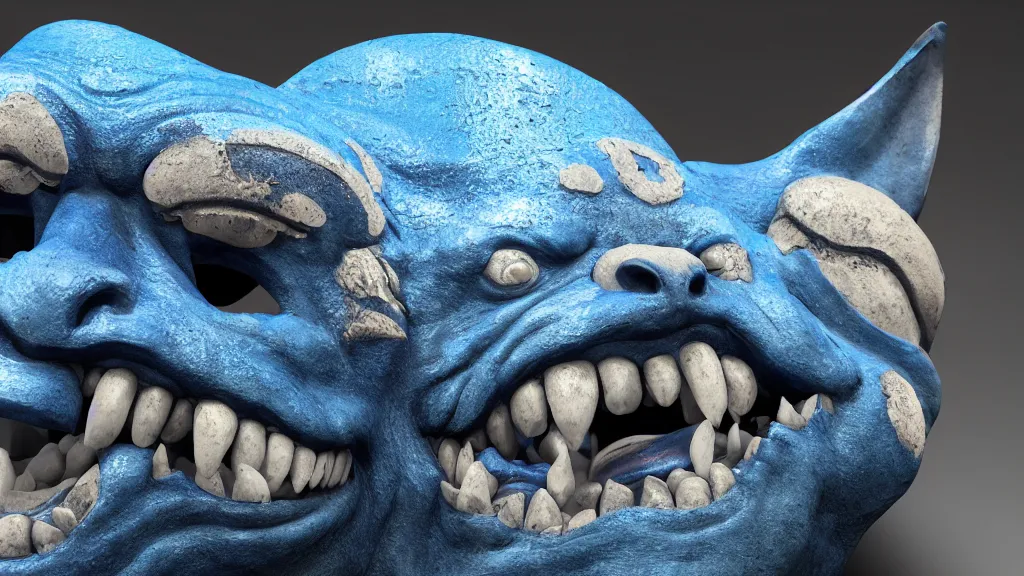 Image similar to a photorealistic blue japanese oni mask, japanese pottery, colorful, metal, trending on cgsociety, sharp focus, ultra realistic details, cinematic atmosphere, global illumination, shadows, octane render, 8 k