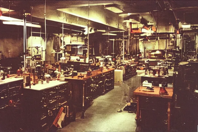 Prompt: vintage 3 5 mm color photo of the interior of an alchemist's lab