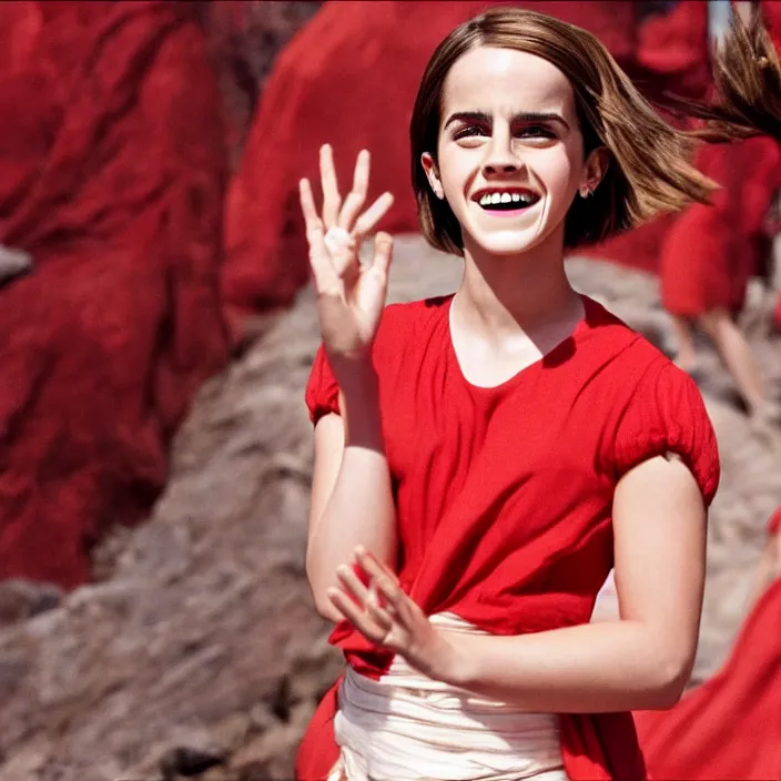 Image similar to Joyful! smiling Emma Watson wearing red clothes, in the style of The emperor's new groove (2000). Clear body. Light Clothes. Cinematic. Low angle. 8k. Clear Face.