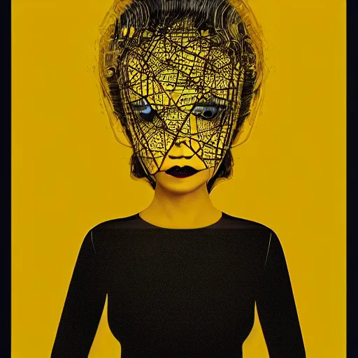 Image similar to woman in a yellow dress, an album cover by kim deuk - sin, tech wear, intricate, trending on cg society, pop surrealism, horror film, movie poster, dark
