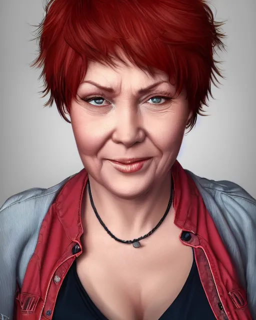 Image similar to portrait of happy short and plump 5 0 - year - old woman with red hair and, kind face, short hair, wearing in blouse, hyper realistic face, beautiful eyes, character art, art by mark brooks, hyperdetailed, cryengine, trending on artstation, digital art