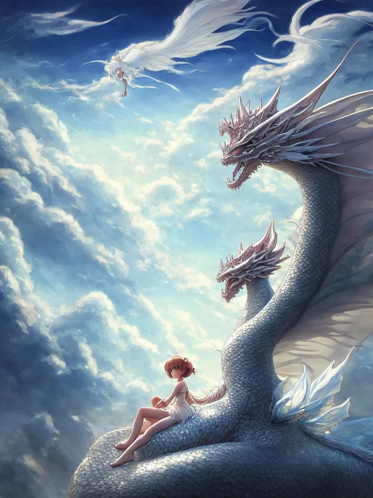 Image similar to the beautiful hyper detailed big scene render that a beautiful princess sitting on the back of a huge silver white dragon alone in fairyland surrounded by white clouds, finely detailed angelic face delicate features, style of studio ghibli, makoto shinkai, raphael lacoste, artgerm, karol bak, kazuki tanahashi, james jean, ross tran, ultra wide angle