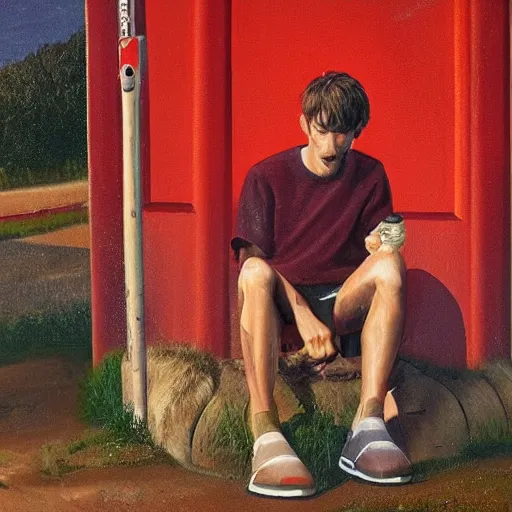 Image similar to a man in cheap and red used sportswear. he is smoking a cigarette. he is sitting on a dead dog. he is on the side of the road. he is wearing slippers. it is a rural scene, in poor village, dramatic lighting, hyper detailed, surreal, hyperrealism, oil painting