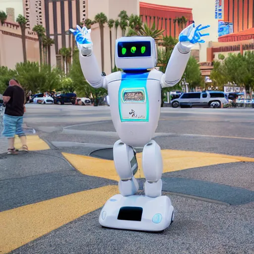 Prompt: LAS VEGAS, NV JUNE 7 2024: Some of the most helpful happy self-aware robots to emerge from the future-portal.